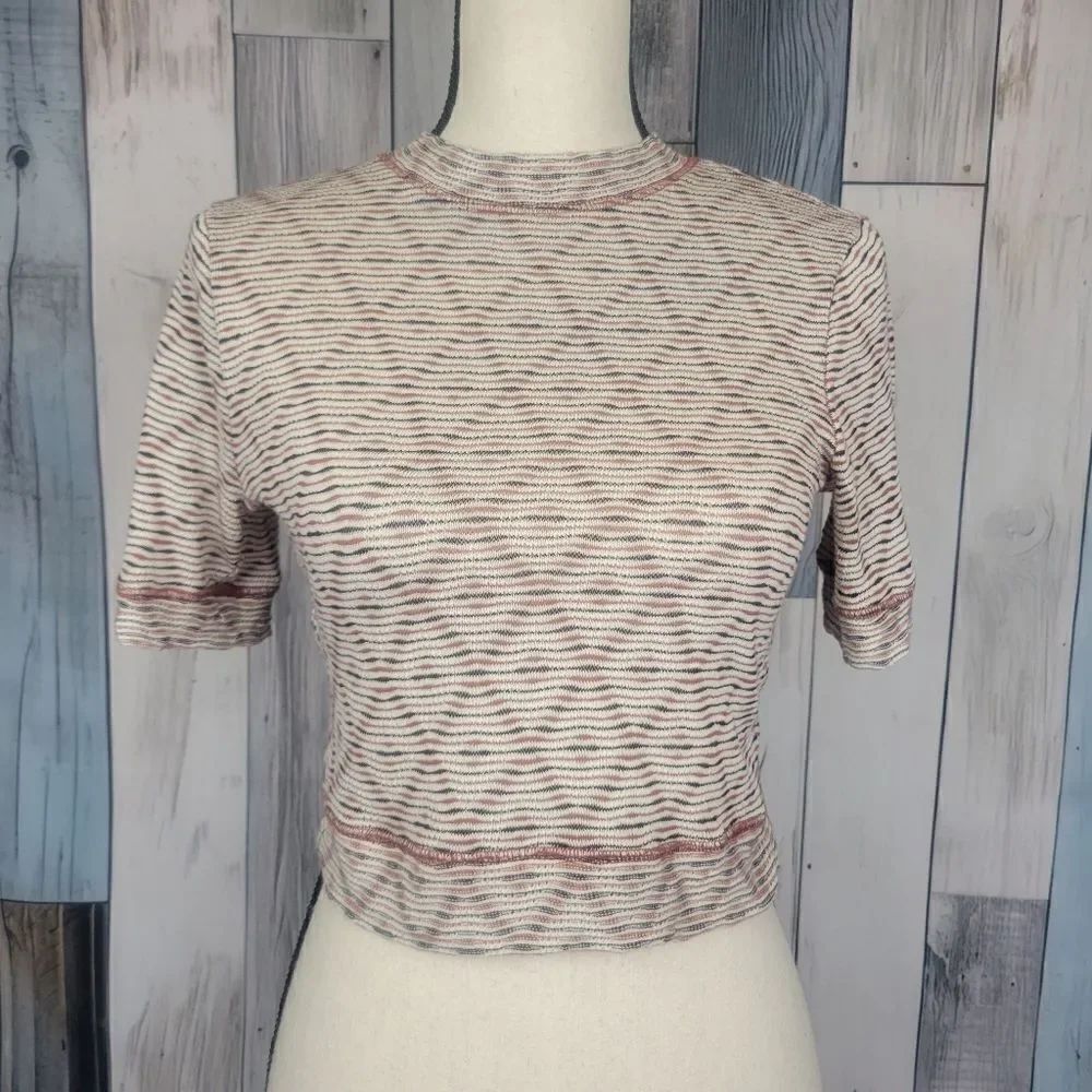 Free People Geometric Short Sleeve Mock Neck Crop Top Tan Red size Medium